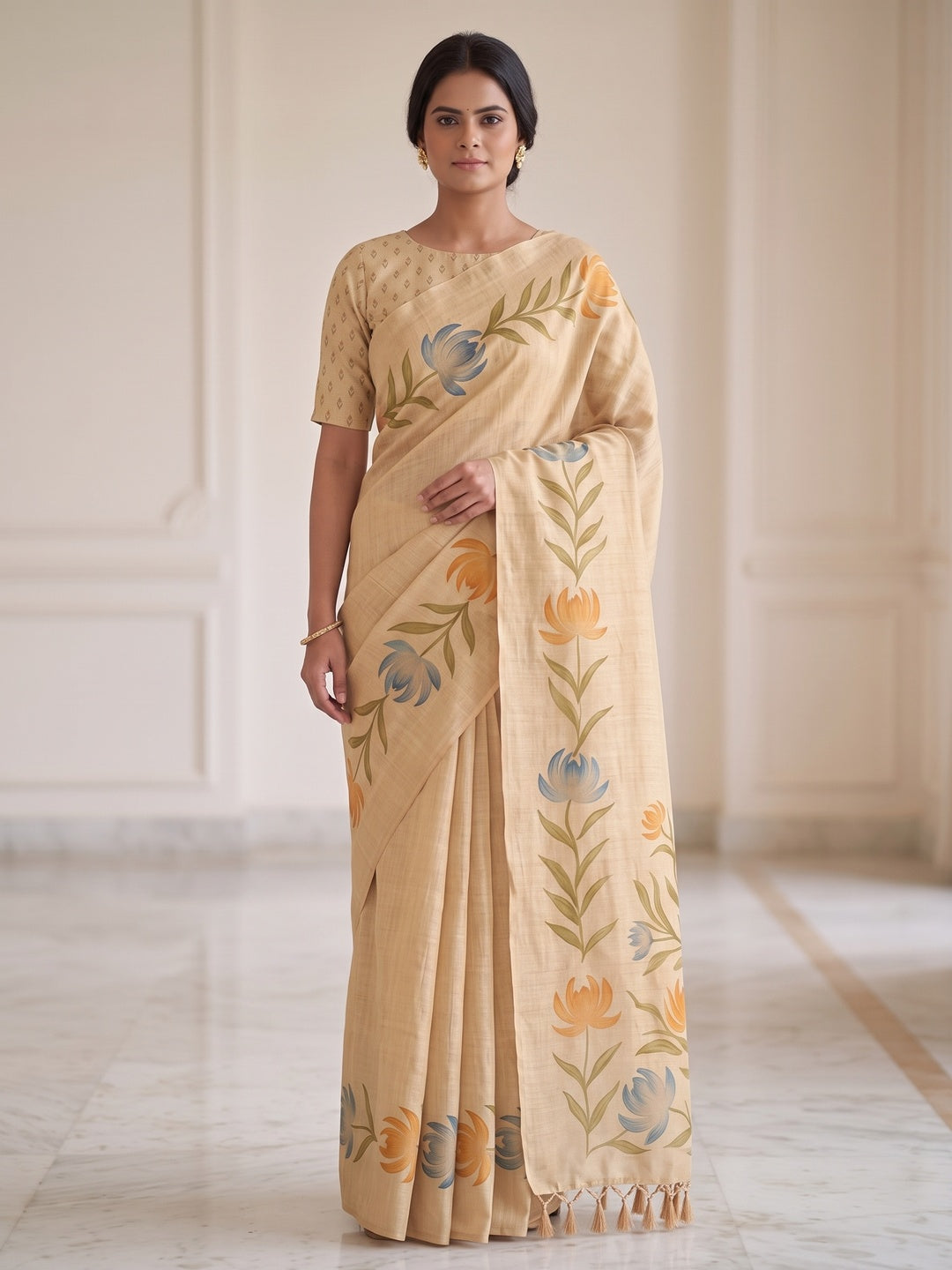 Peachmode Chikoo Leaf Printed Art Silk Saree - Image 1