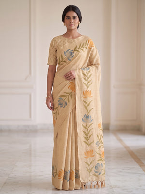 Peachmode Chikoo Leaf Printed Art Silk Saree - Image 1