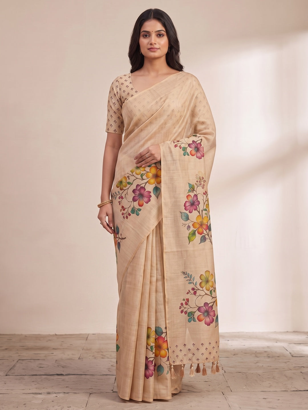 Peachmode Chikoo Bouquet Printed Art Silk Saree - Image 1