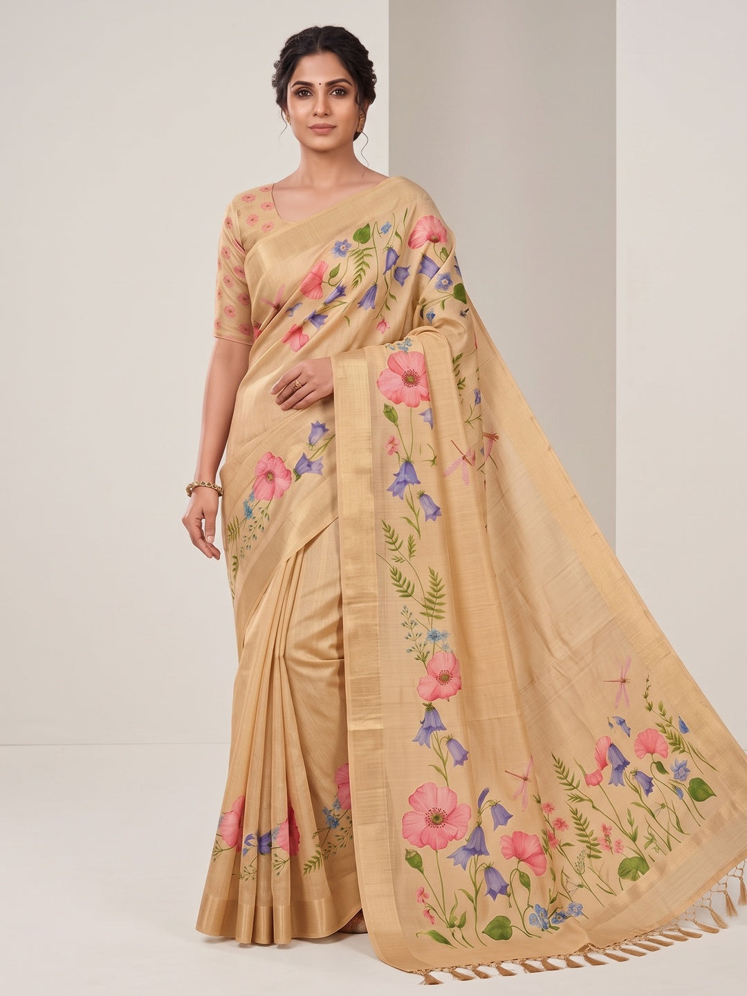 Peachmode Chikoo Garden Floral Printed Art Silk Saree - Image 1