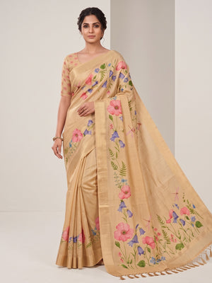 Peachmode Chikoo Garden Floral Printed Art Silk Saree - Image 1