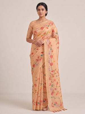 Peachmode Chikoo Peach Floral Printed Art Silk Saree - Image 1