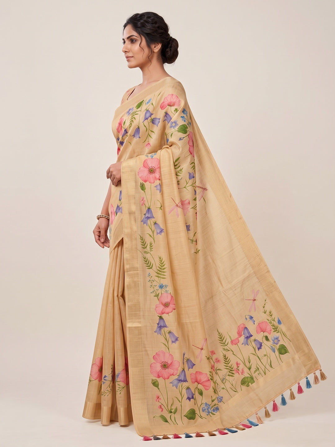 Peachmode Chikoo Garden Floral Printed Art Silk Saree - Image 4