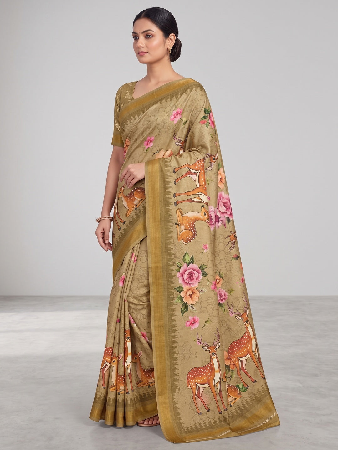 Peachmode Light Khaki Deer Floral Printed Dola Silk Saree - Image 5