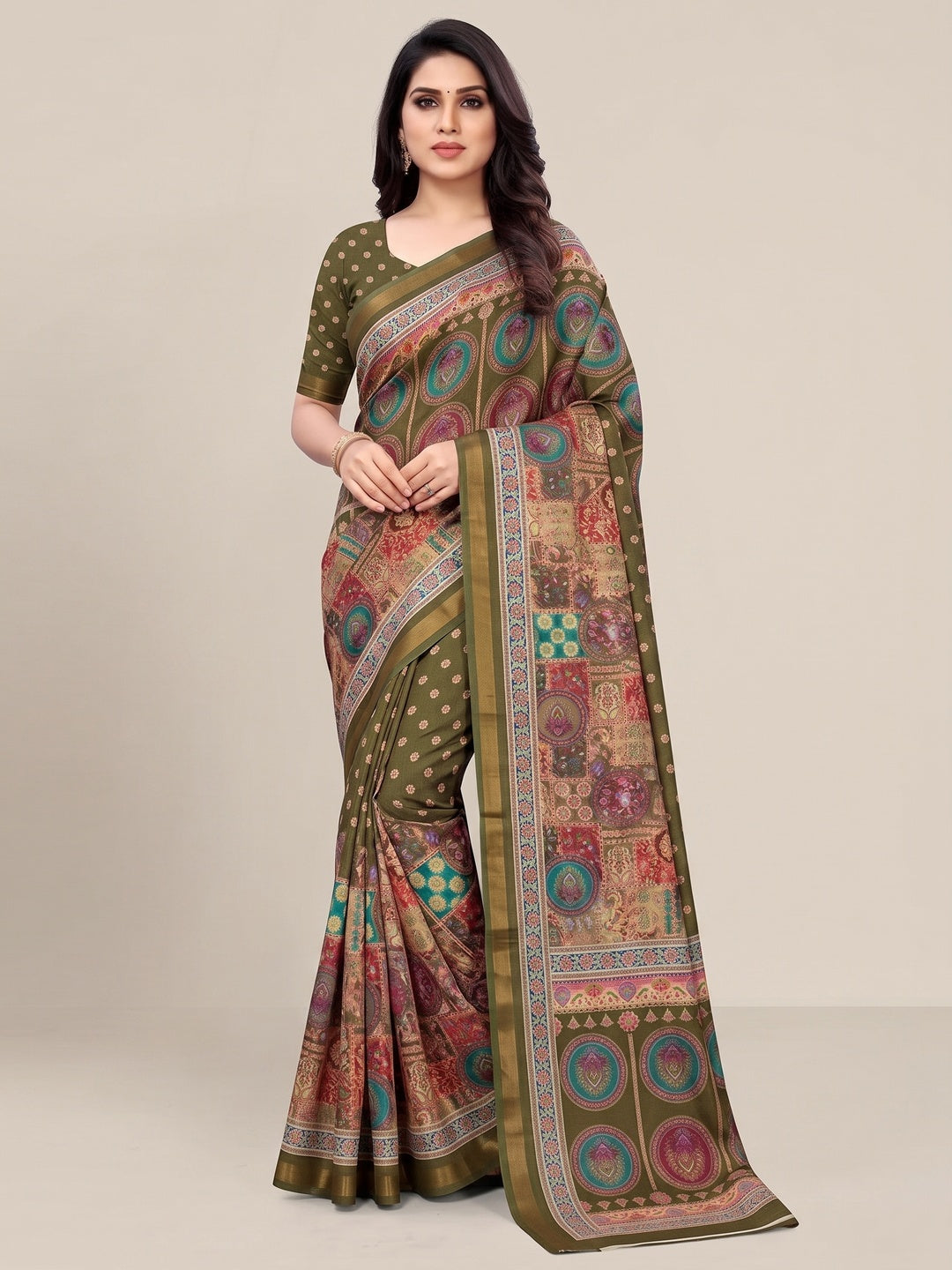Peachmode Green Position Printed Dola Silk Saree - Image 1