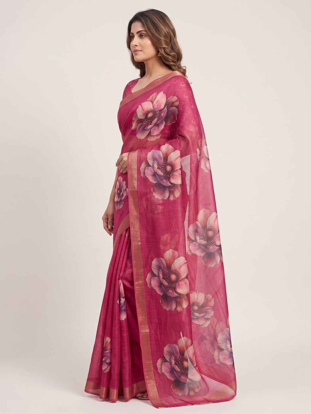 Peachmode Magenta Floral Printed Art Silk Saree - Image 4
