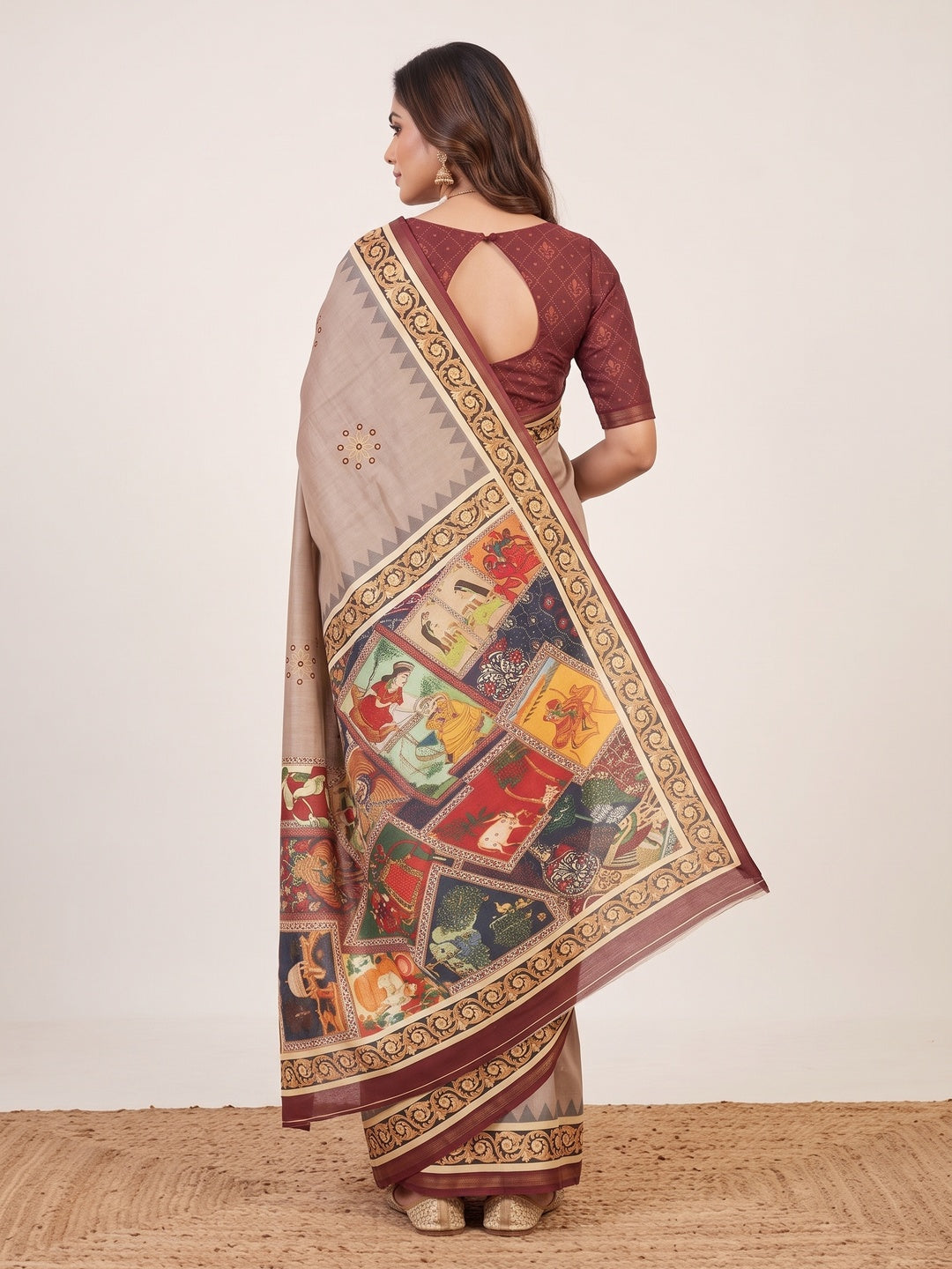 Peachmode Taupe Digital Printed Mul Cotton Saree - Image 4