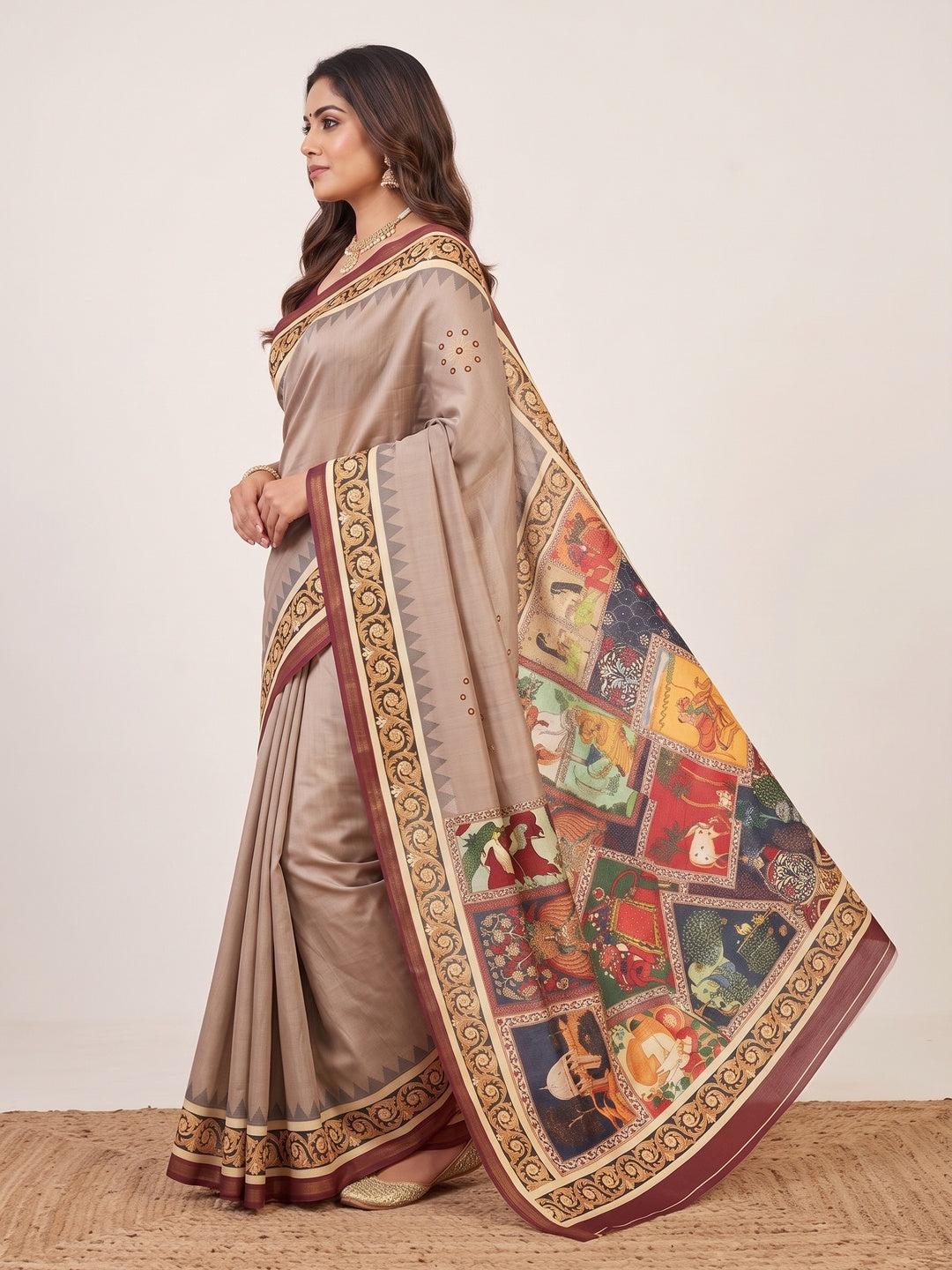 Peachmode Taupe Digital Printed Mul Cotton Saree - Image 5
