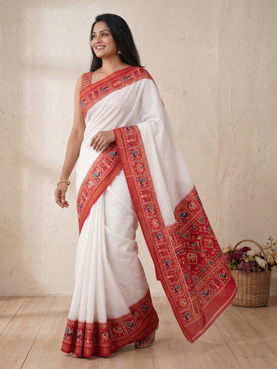 Peachmode White Digital Printed Mul Cotton Saree - Image 1