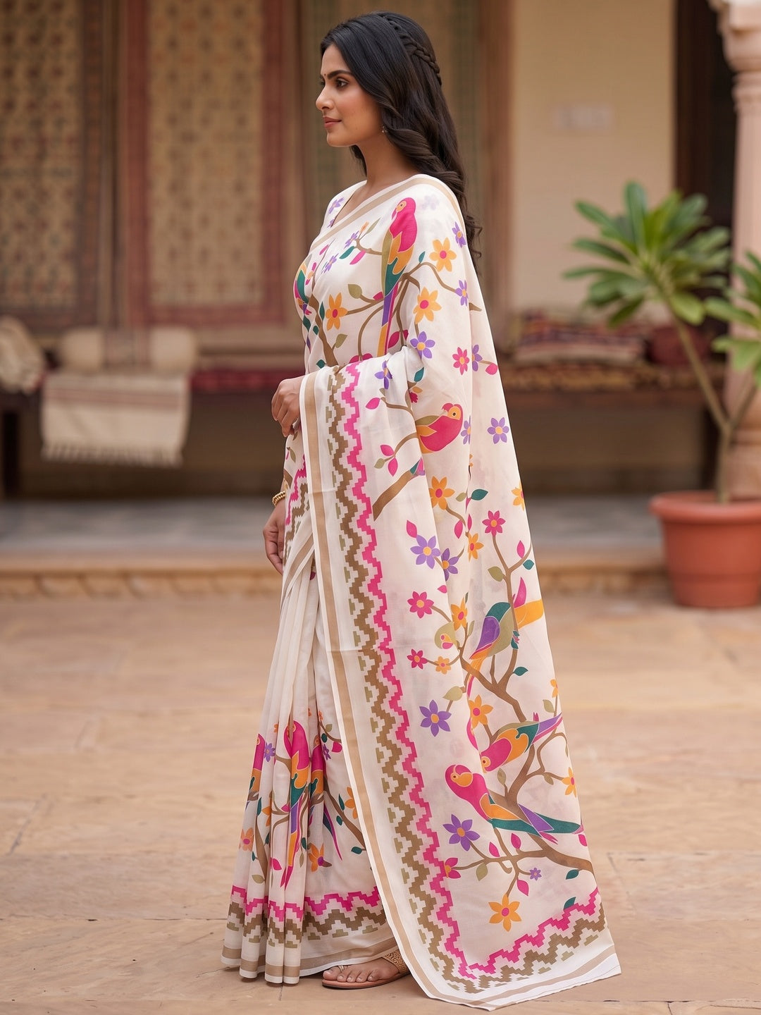 Peachmode Off White Digital Printed Mul Cotton Saree - Image 5