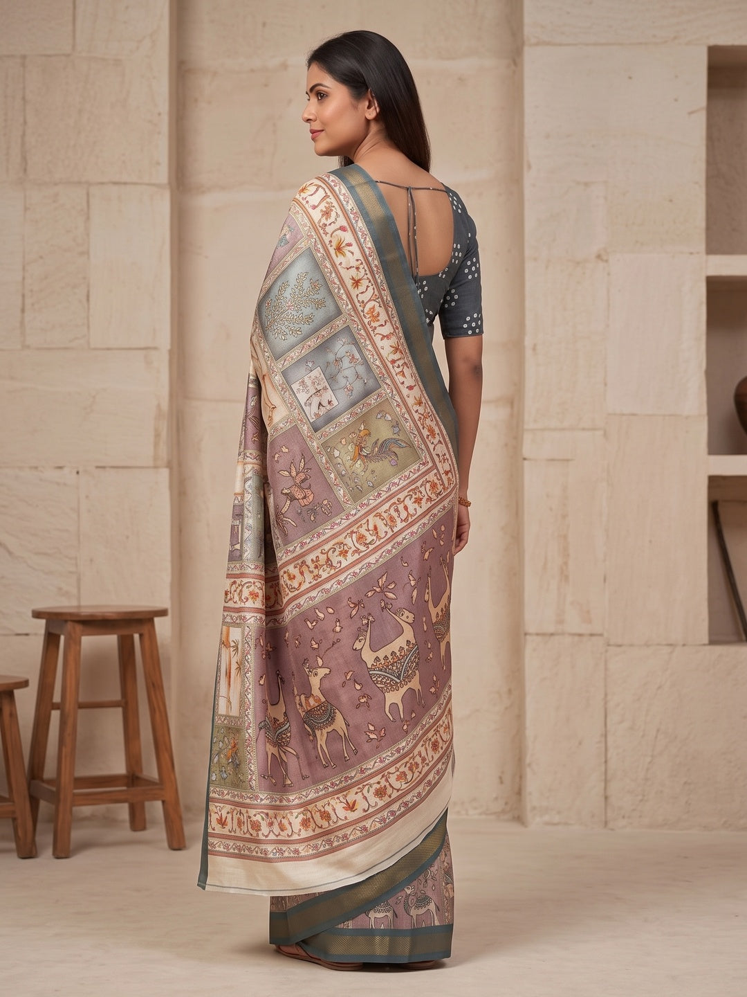 Peachmode Sage Green Digital Printed Mul Cotton Saree - Image 5