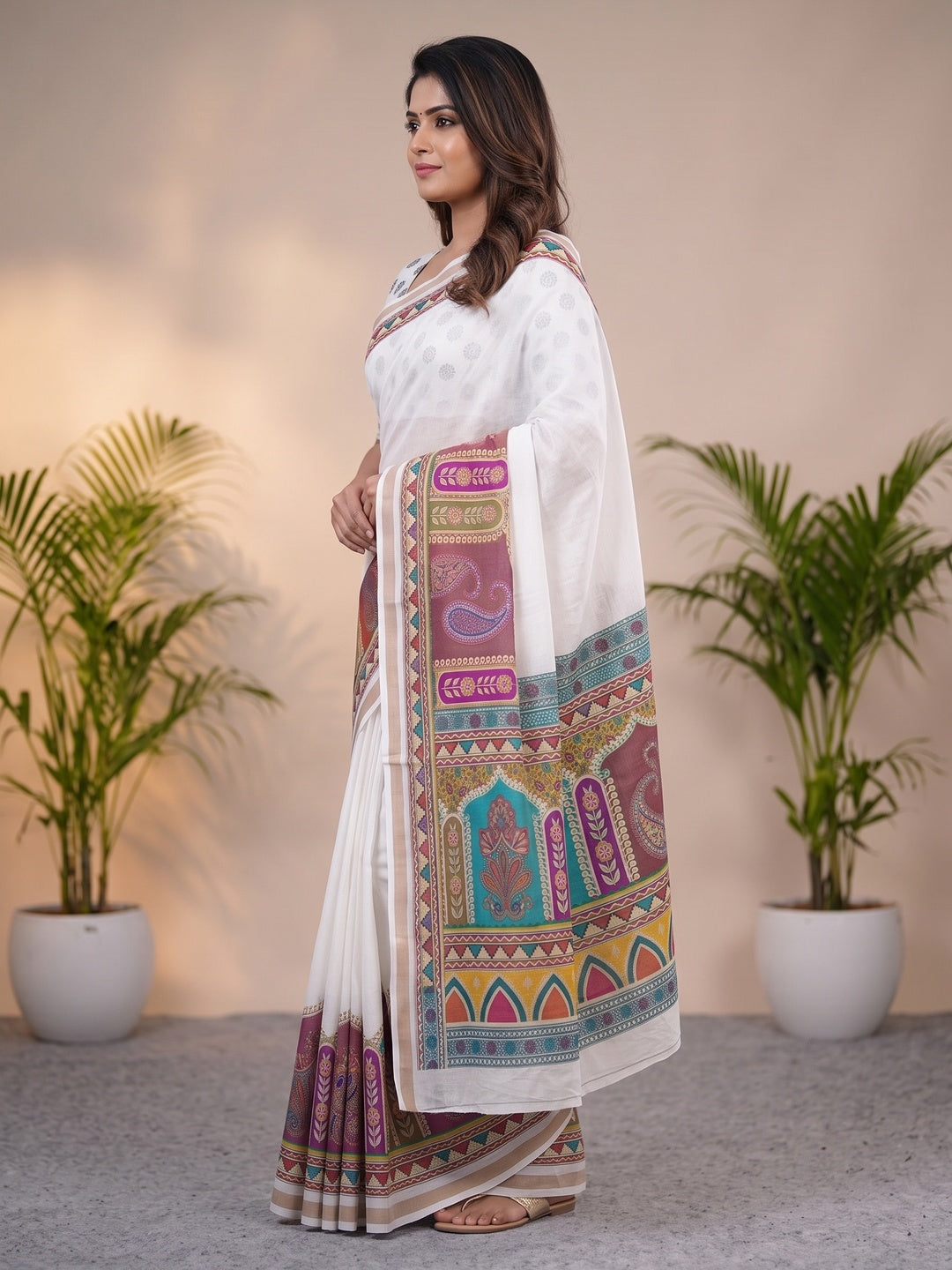Peachmode White Digital Printed Mul Cotton Saree - Image 5