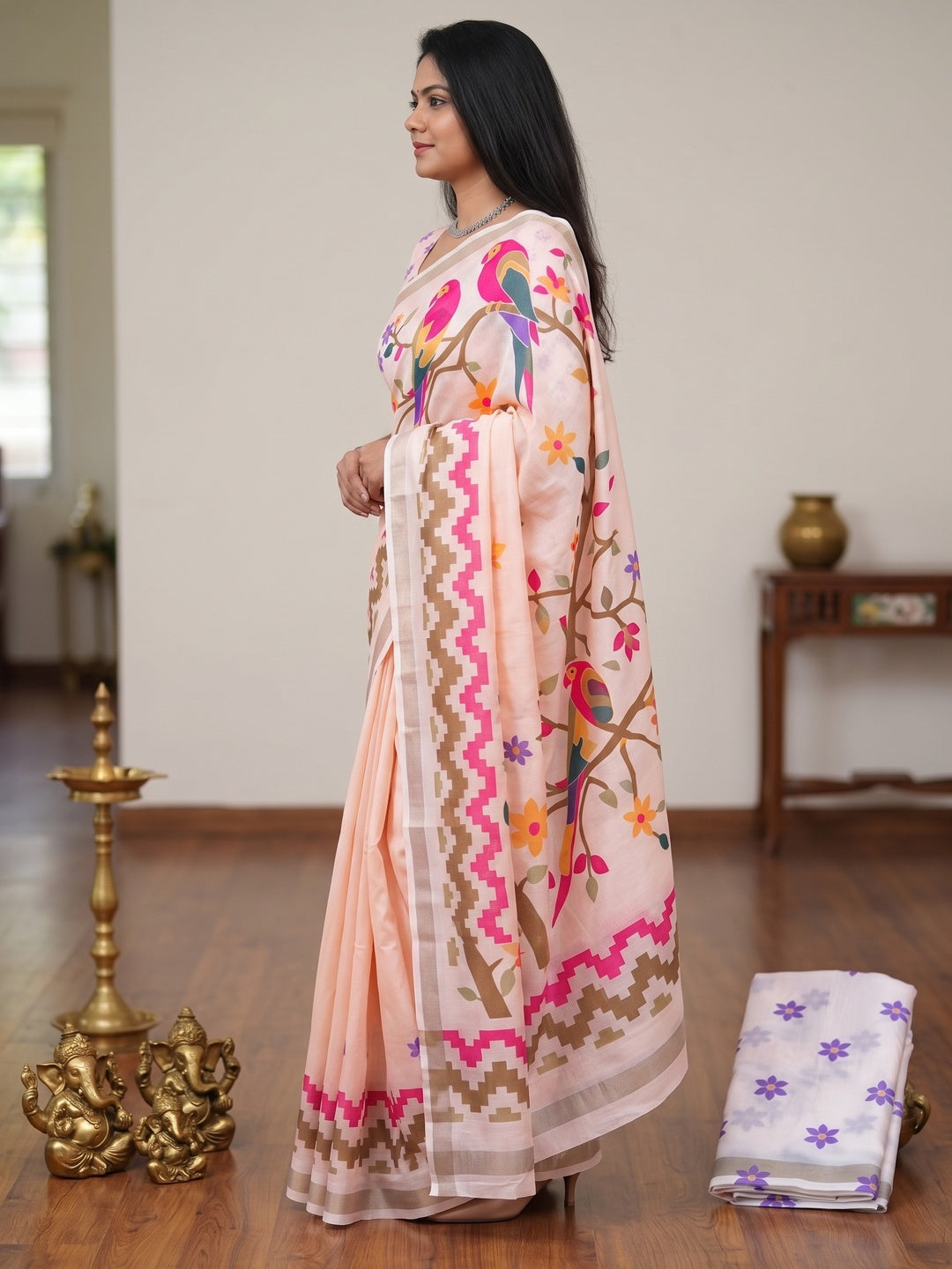 Peachmode Peach Digital Printed Mul Cotton Saree - Image 5