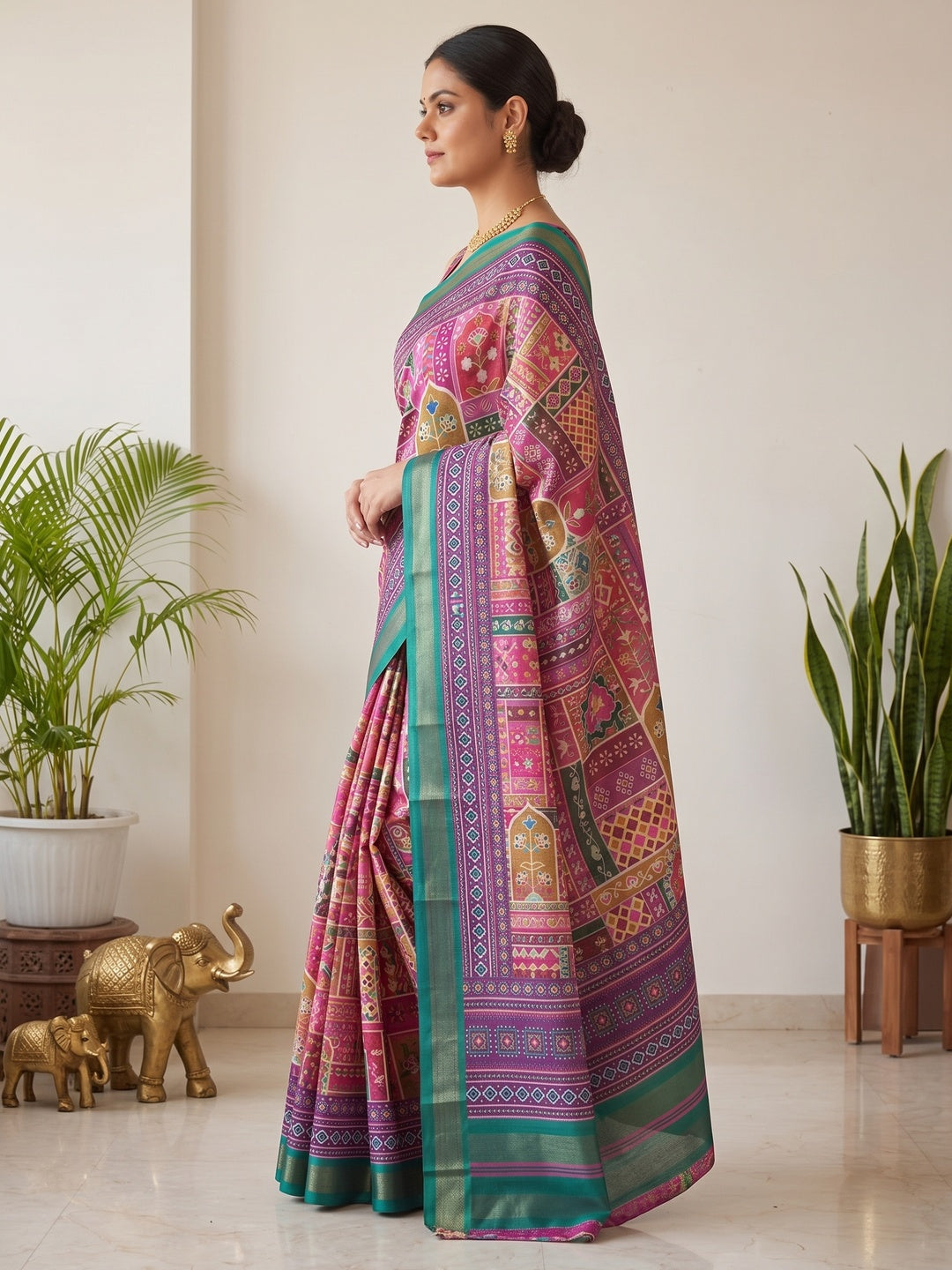 Peachmode Magenta Digital Printed Mul Cotton Saree - Image 4