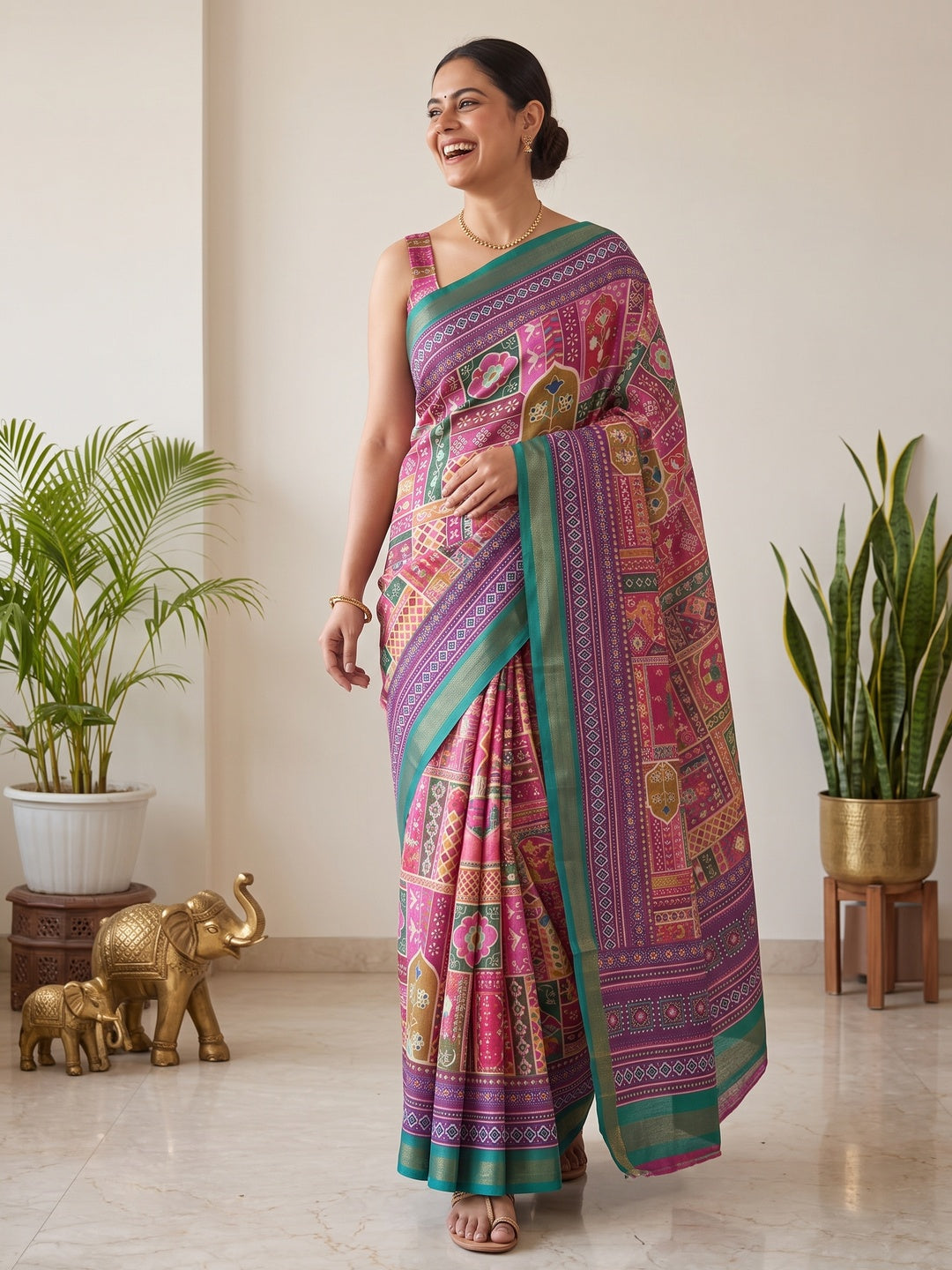 Peachmode Magenta Digital Printed Mul Cotton Saree - Image 1