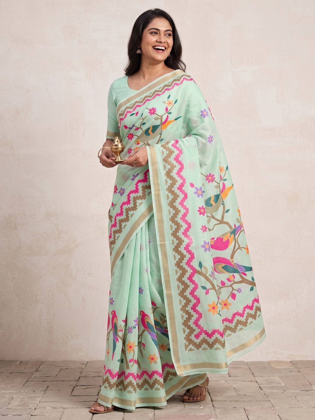 Peachmode Mint Green Digital Printed Mul Cotton Saree - Image 1