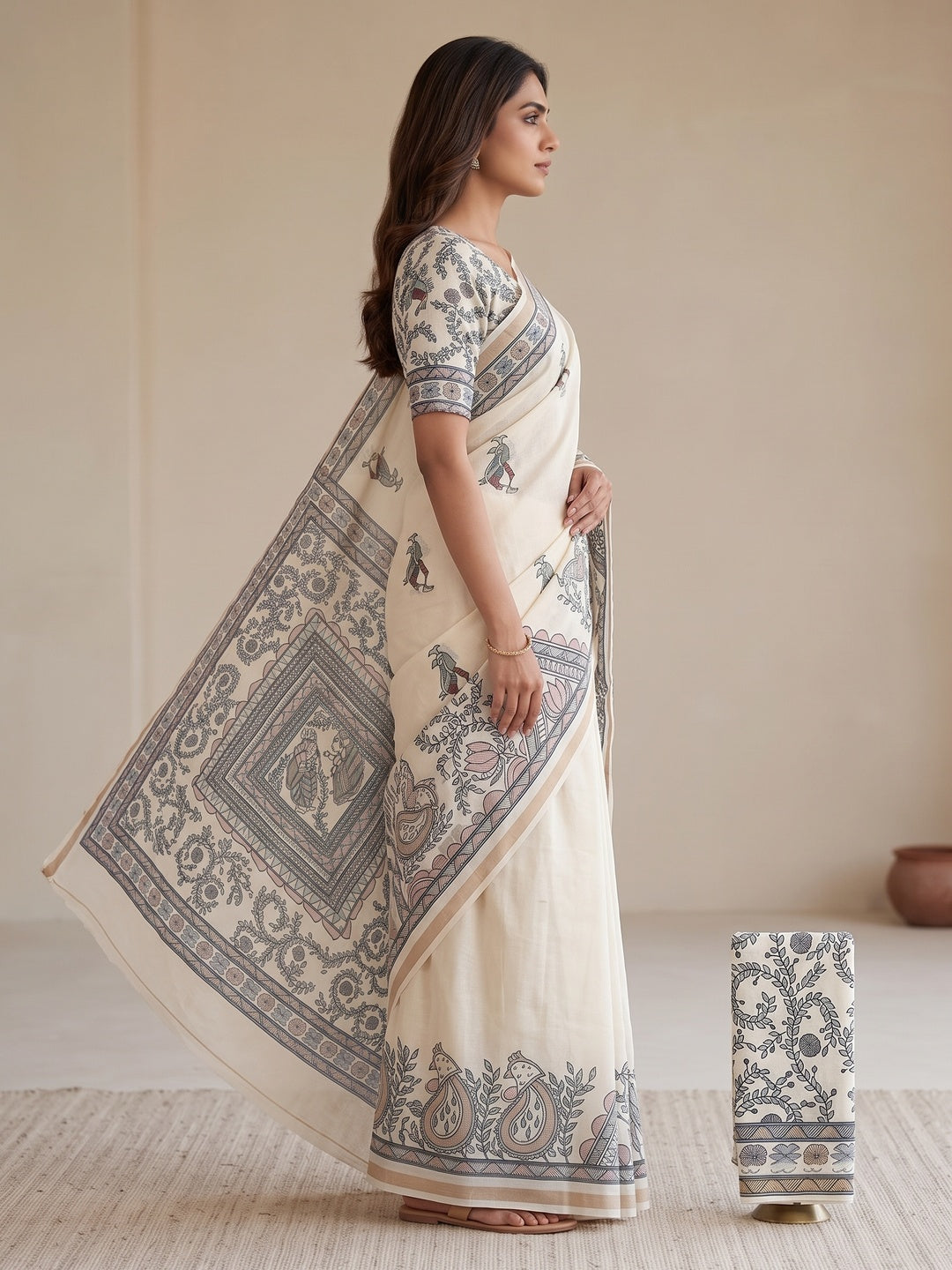 Peachmode Cream Digital Printed Mul Cotton Saree - Image 5