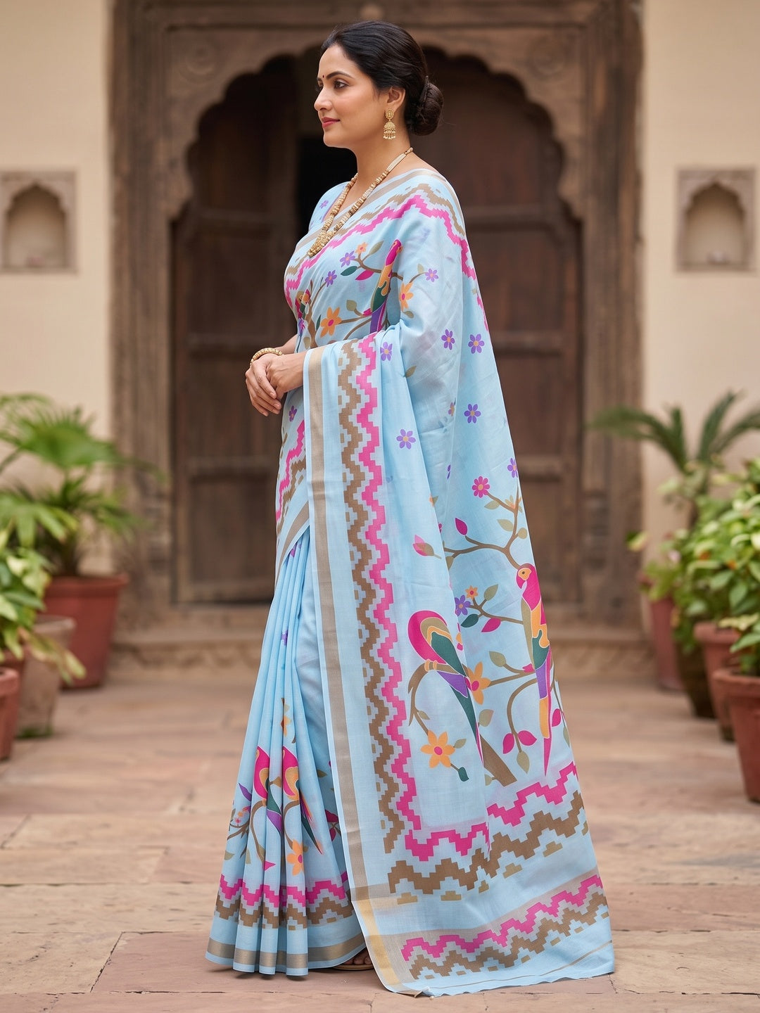 Peachmode Light Blue Digital Printed Mul Cotton Saree - Image 5