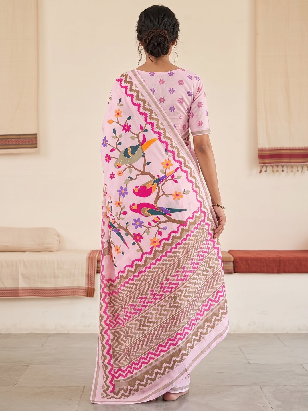 Peachmode Light Pink Digital Printed Mul Cotton Saree - Image 4