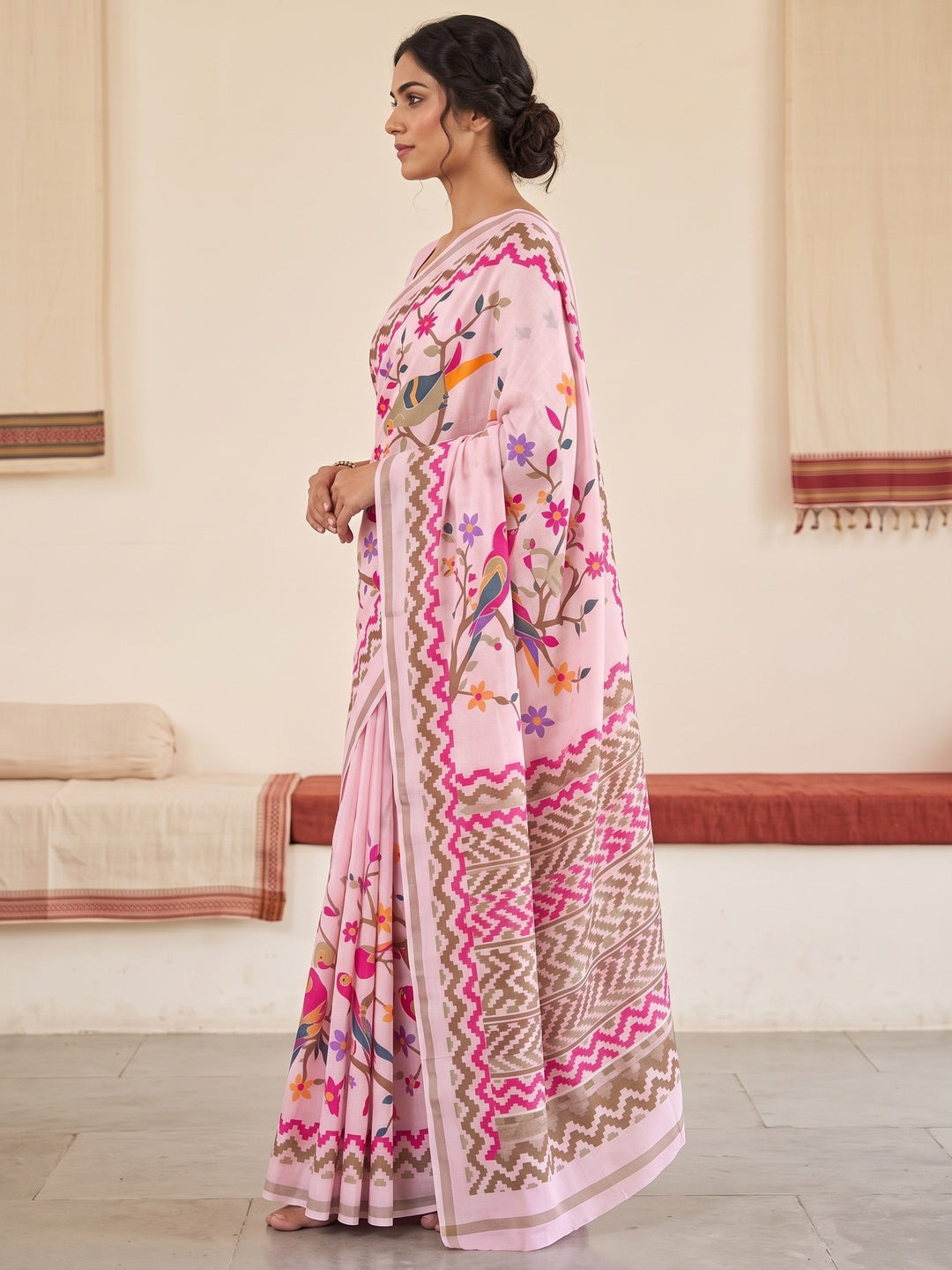 Peachmode Light Pink Digital Printed Mul Cotton Saree - Image 5