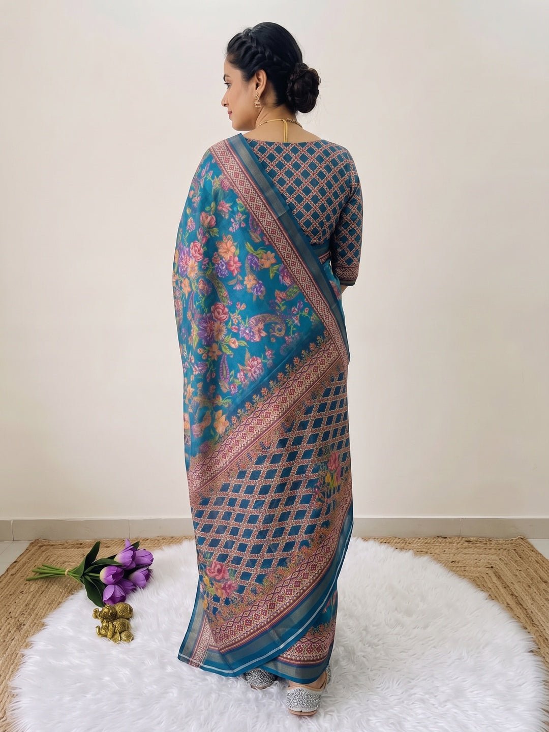 Peachmode Teal Digital Printed Mul Cotton Saree - Image 4
