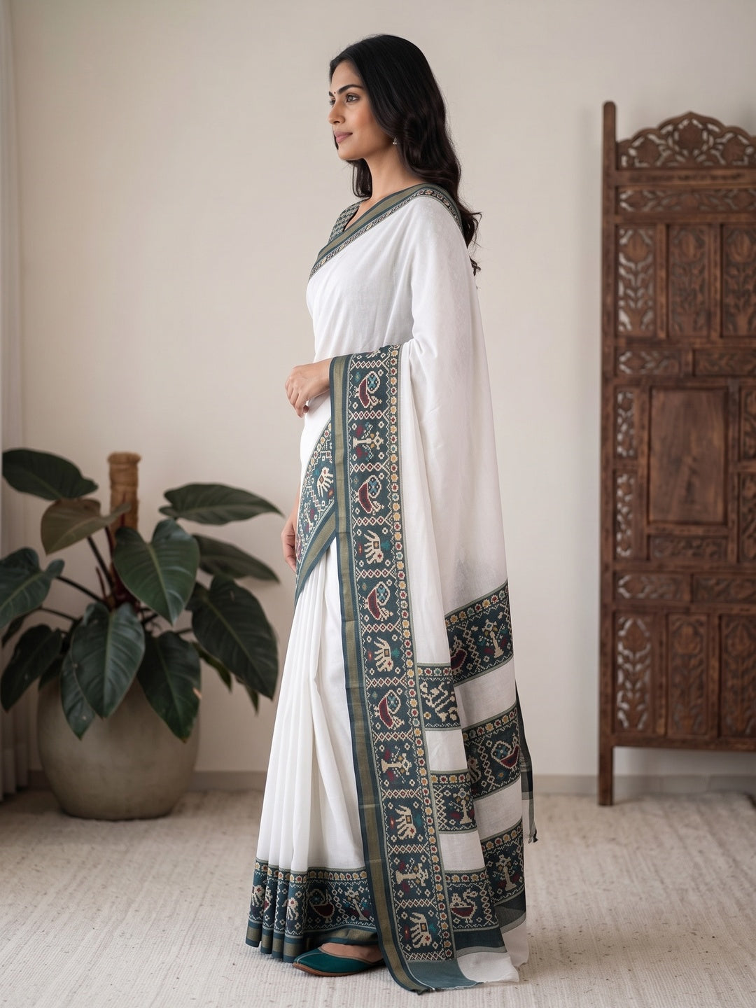 Peachmode White Digital Printed Mul Cotton Saree - Image 5