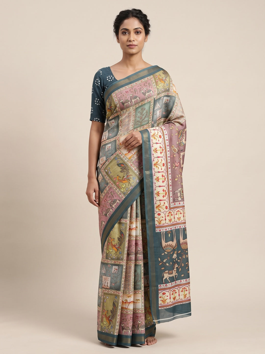 Peachmode Sage Green Digital Printed Mul Cotton Saree - Image 1