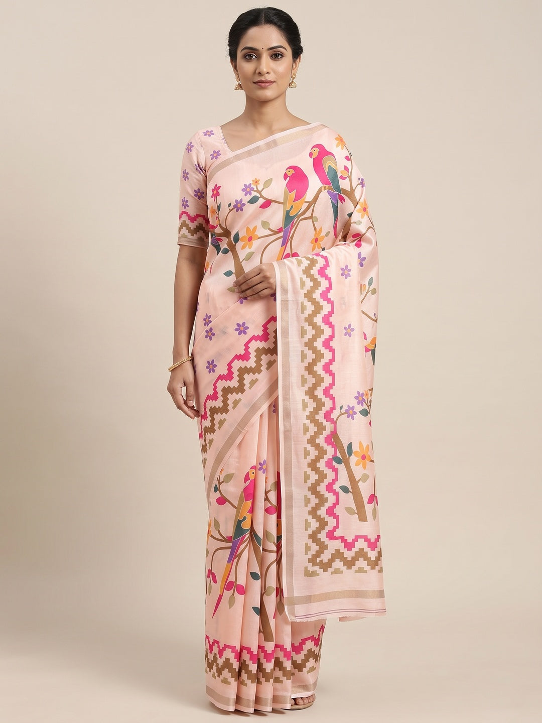 Peachmode Peach Digital Printed Mul Cotton Saree - Image 1