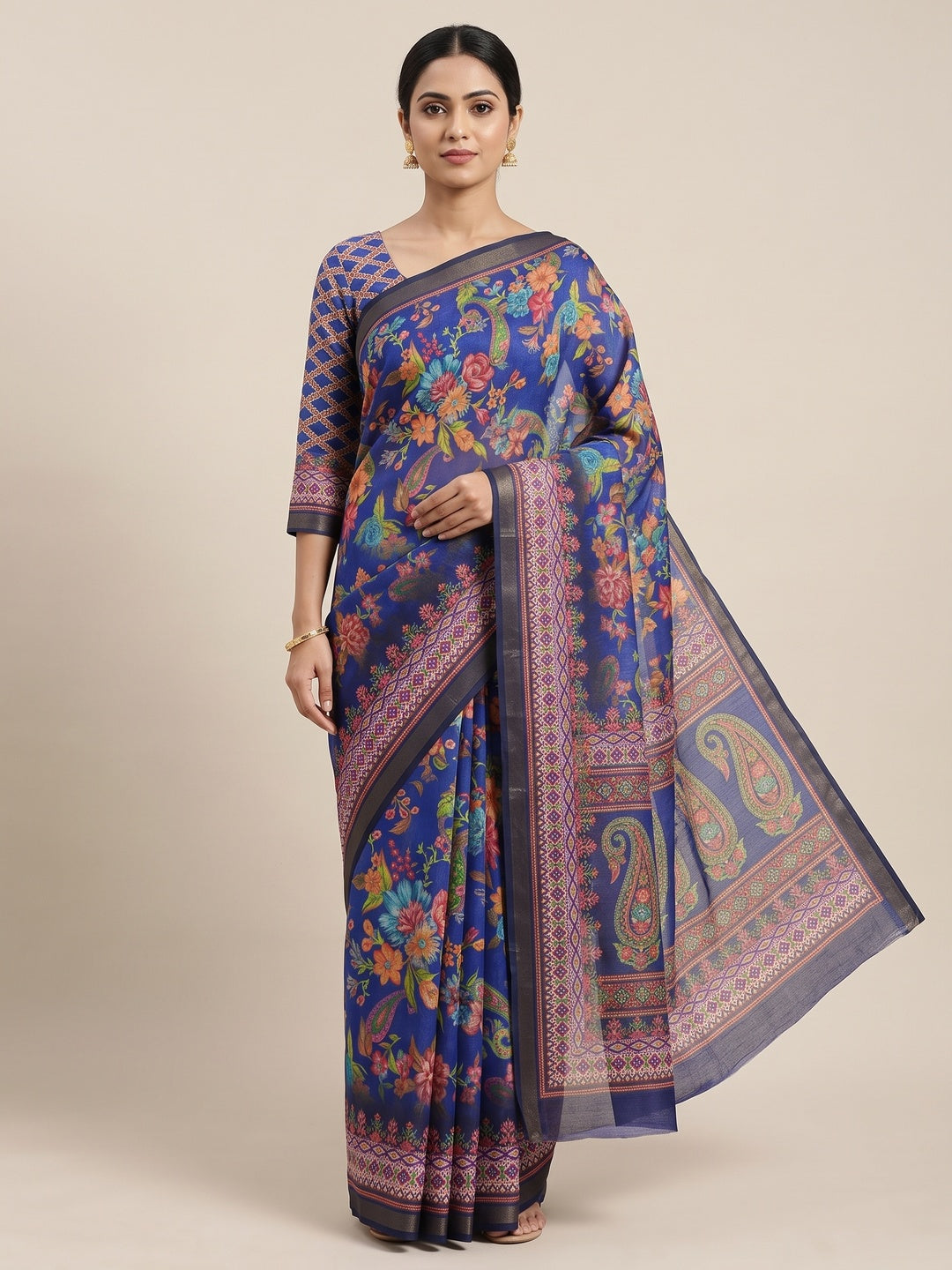 Peachmode Royal Blue Digital Printed Mul Cotton Saree - Image 1