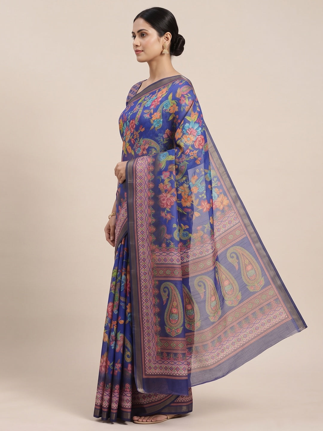 Peachmode Royal Blue Digital Printed Mul Cotton Saree - Image 5