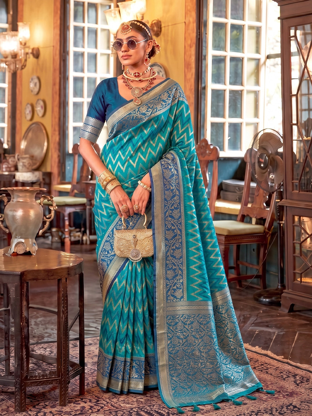 Peachmode Teal Blue Silk Blend Woven Saree - Image 1