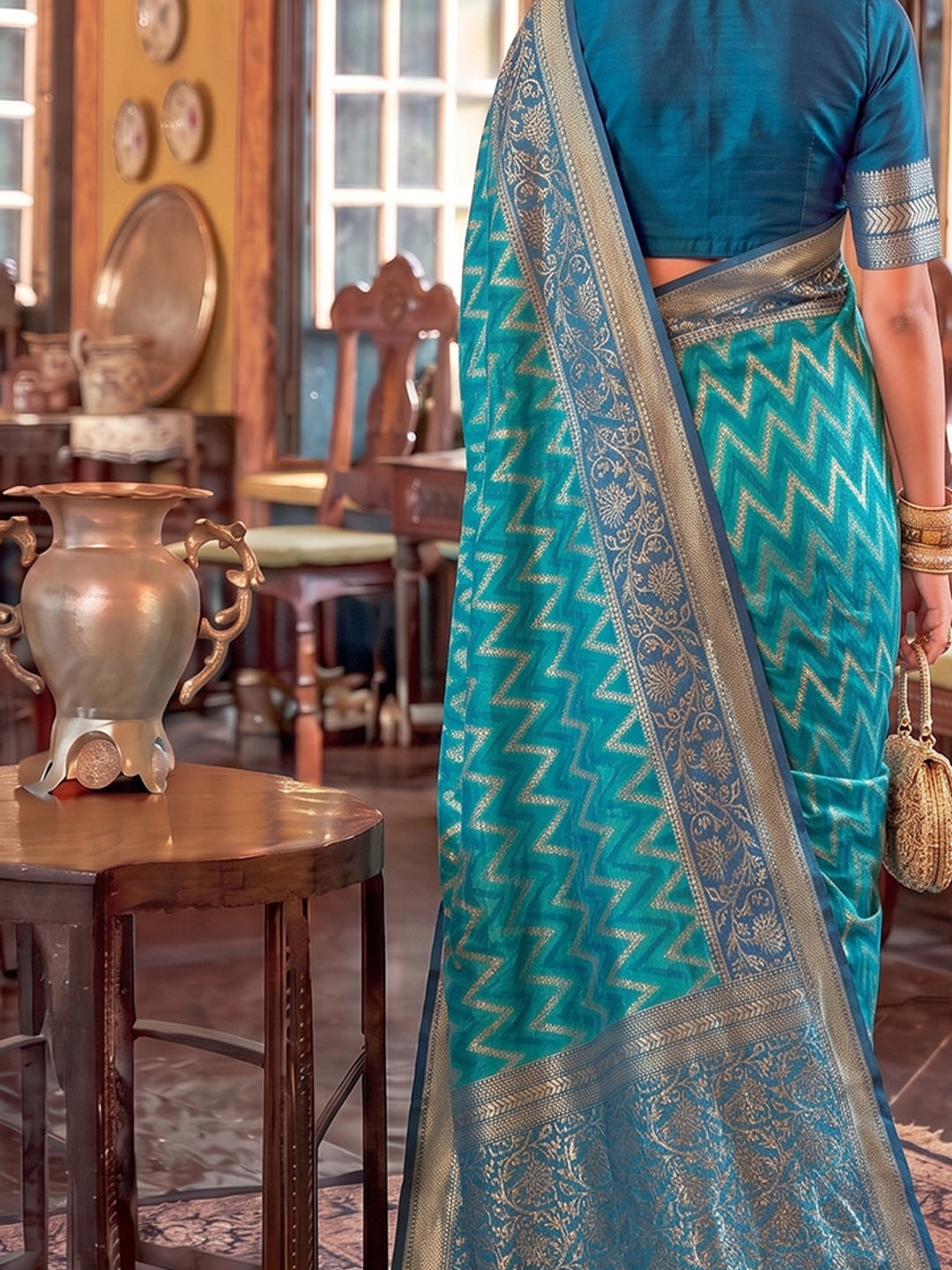 Peachmode Teal Blue Silk Blend Woven Saree - Image 5