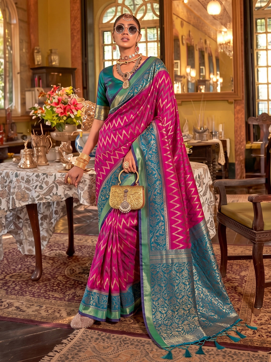 Peachmode Rani Pink Silk Blend Woven Saree - Image 1
