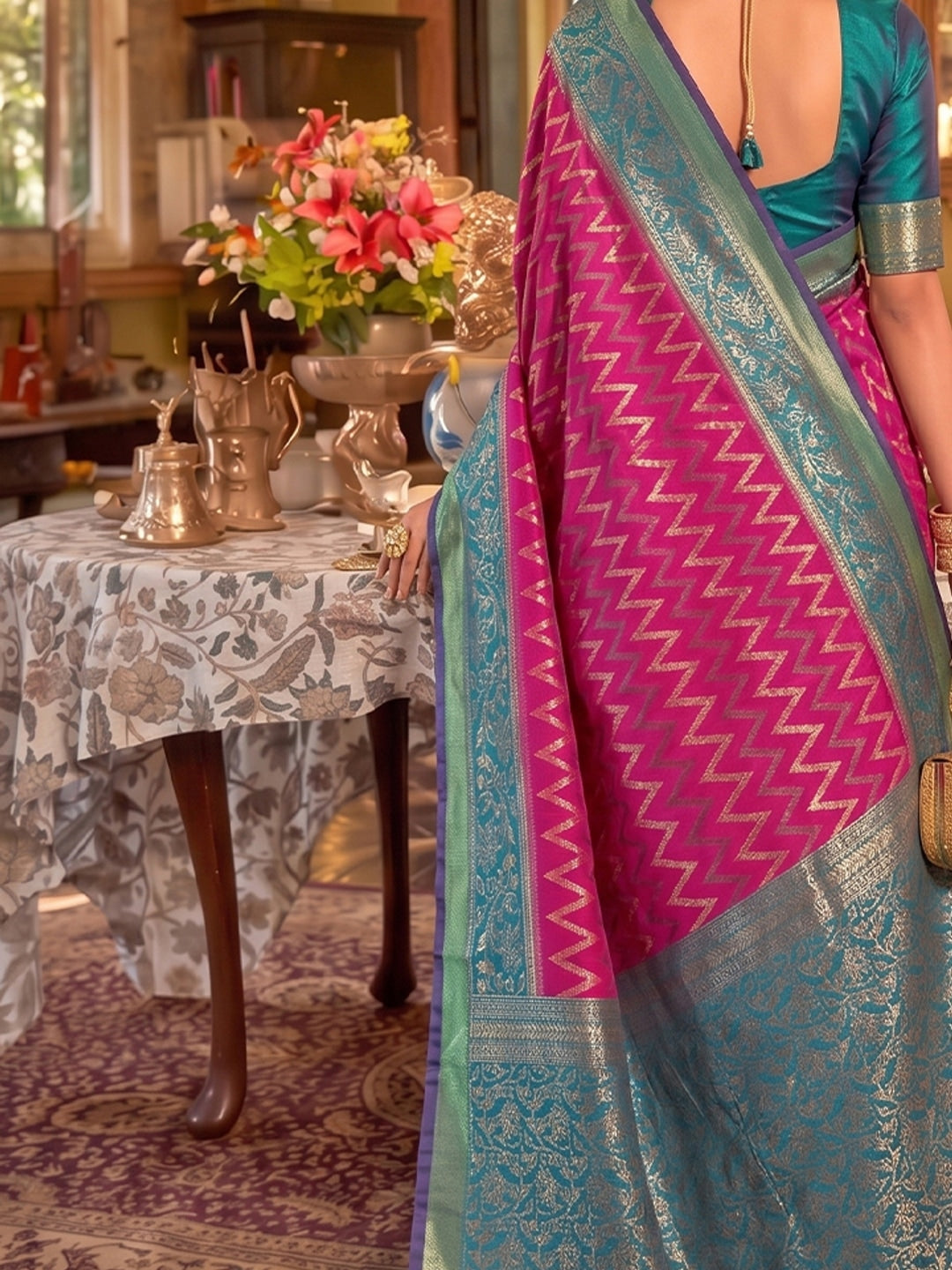 Peachmode Rani Pink Silk Blend Woven Saree - Image 5