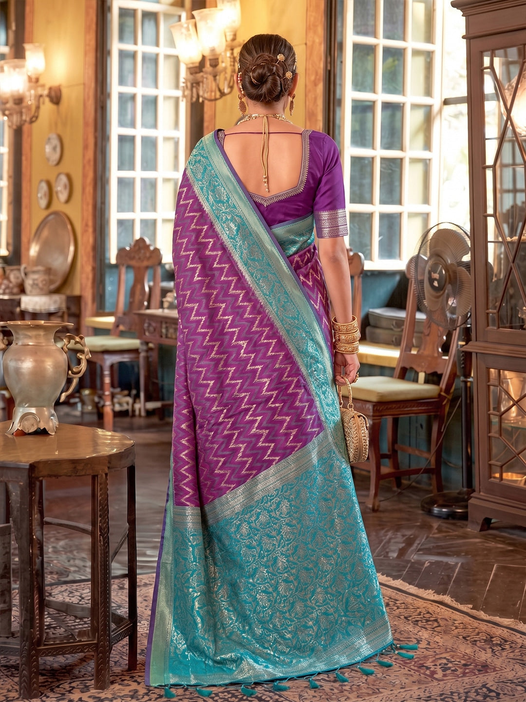 Peachmode Purple Silk Blend Woven Saree - Image 2
