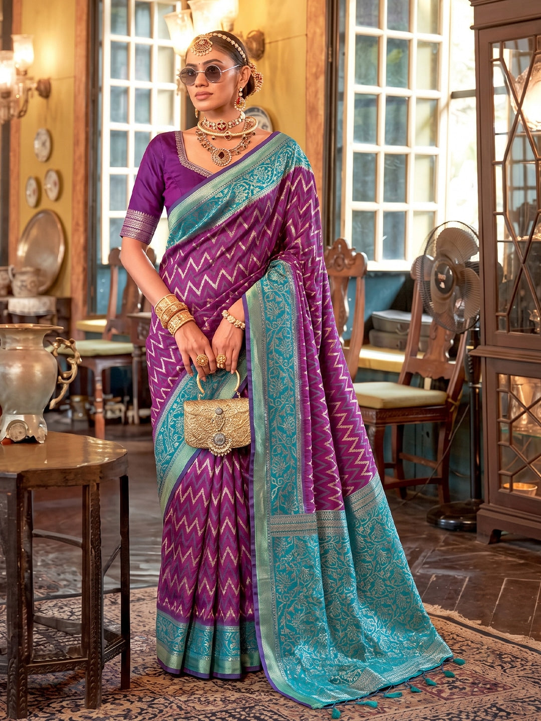Peachmode Purple Silk Blend Woven Saree - Image 1