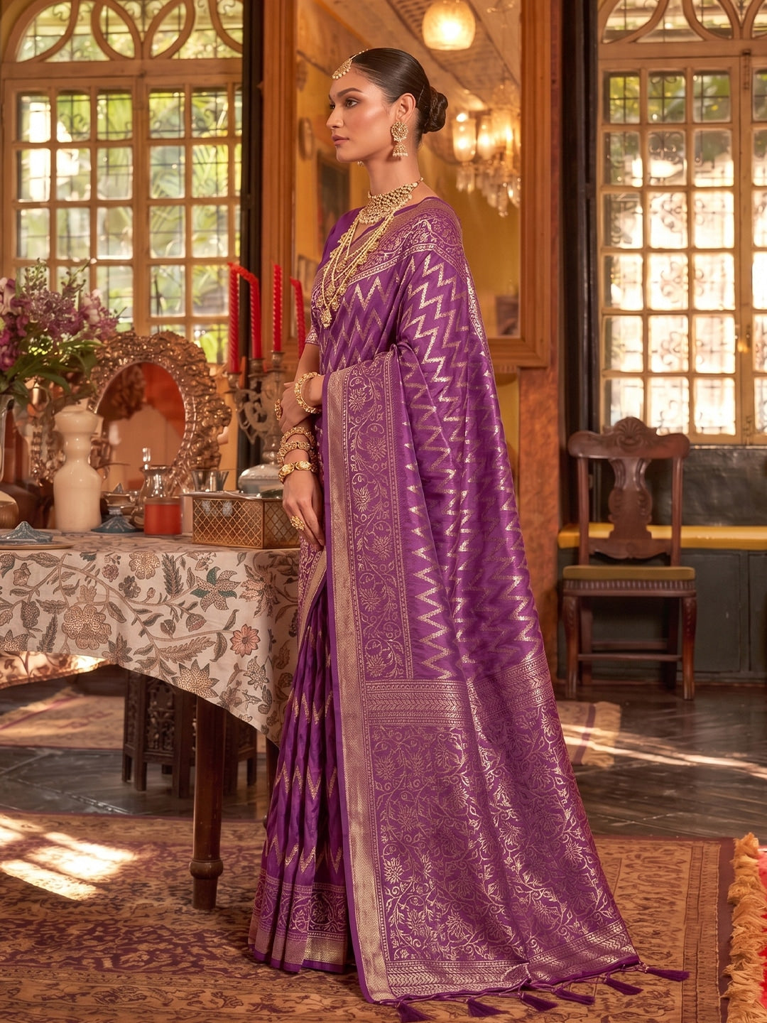 Peachmode Purple Silk Blend Woven Saree - Image 2