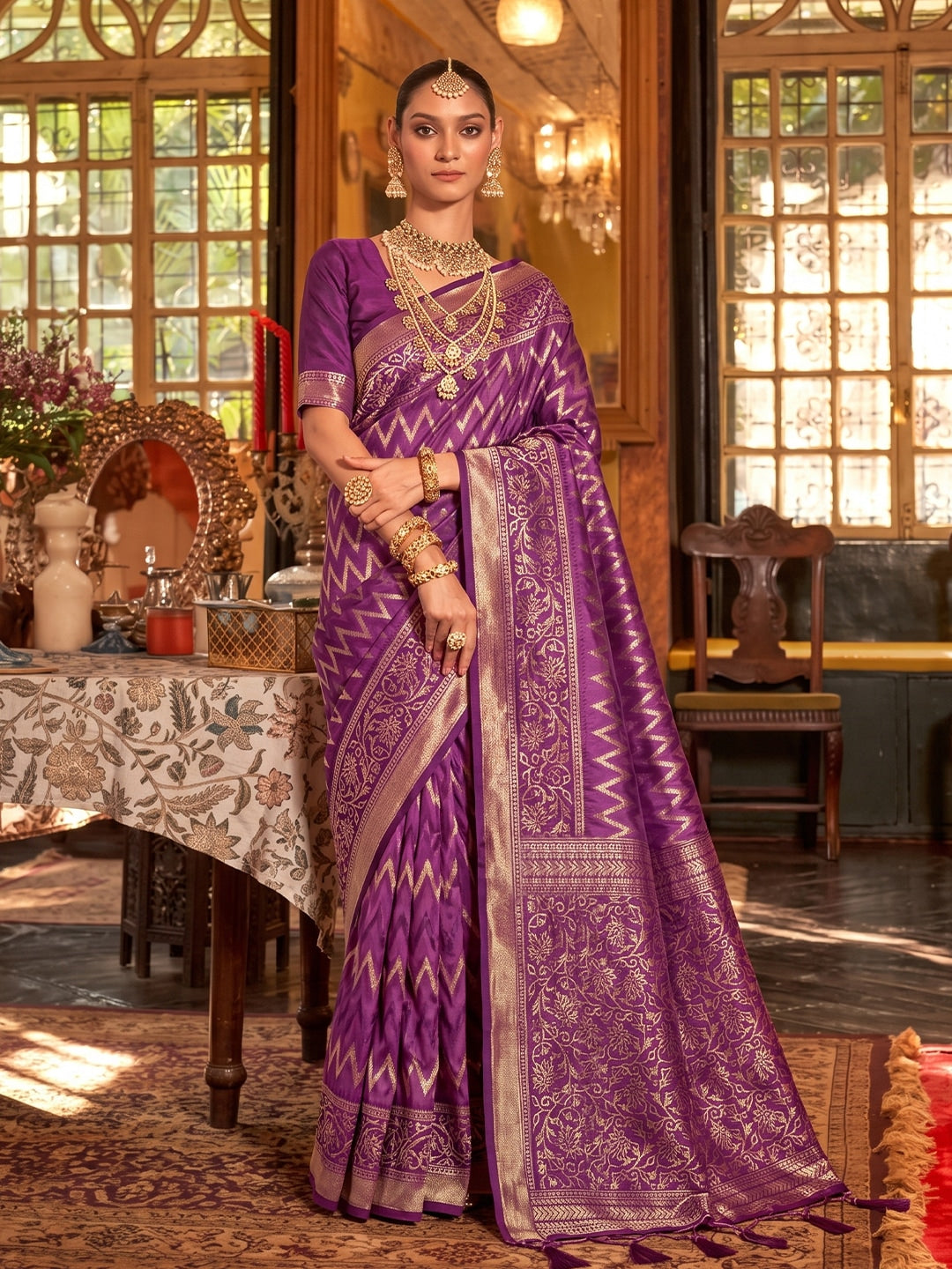 Peachmode Purple Silk Blend Woven Saree - Image 1