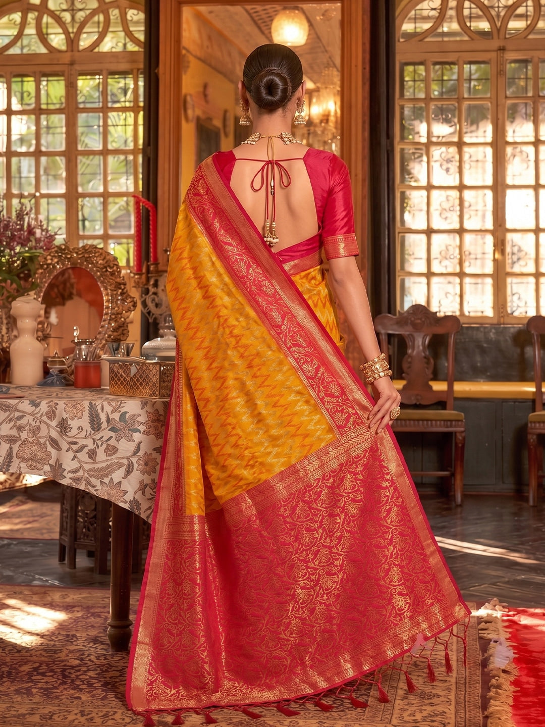 Peachmode Mustard & Red Silk Blend Woven Saree - Image 3