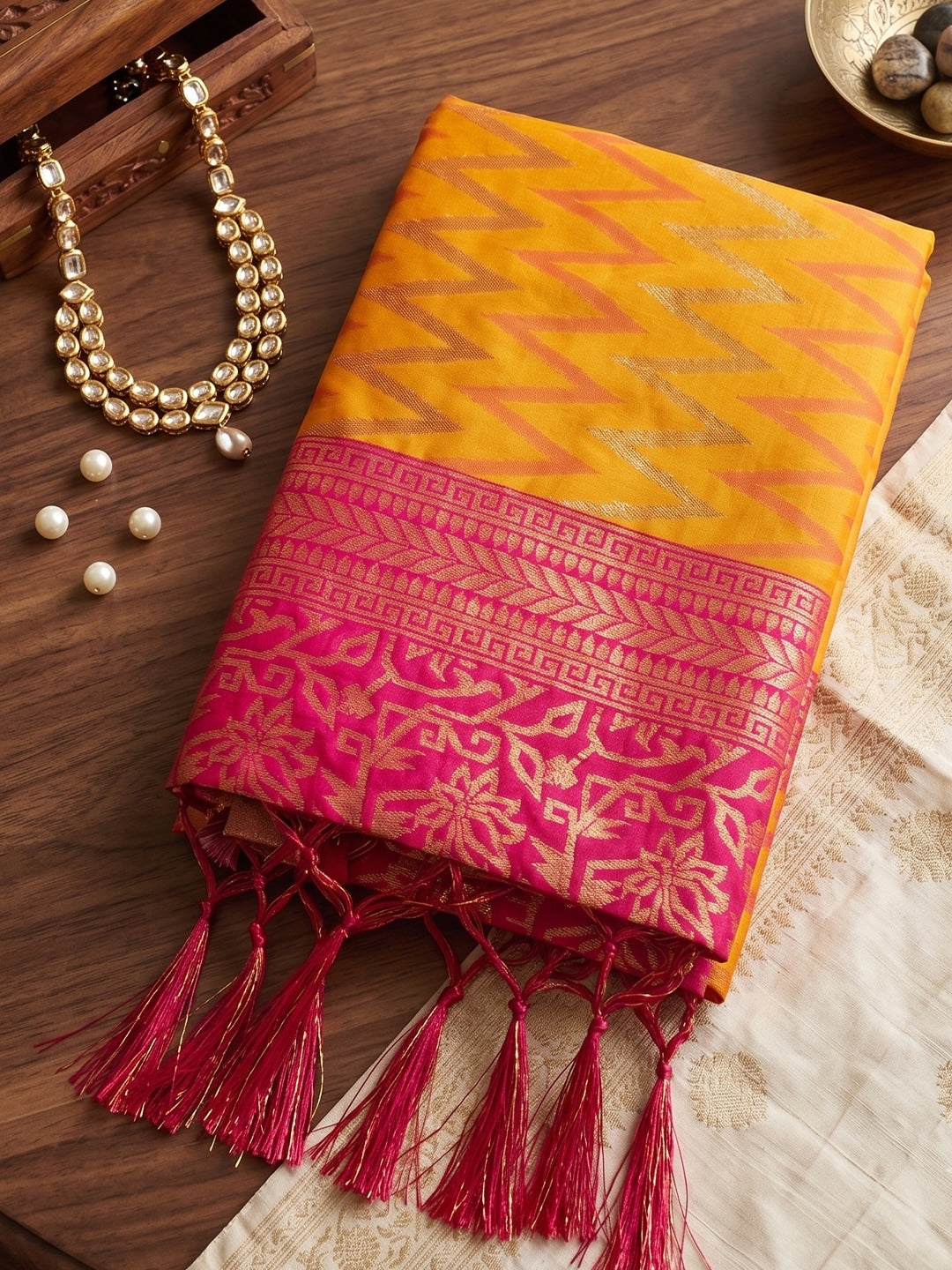 Peachmode Mustard & Red Silk Blend Woven Saree - Image 4