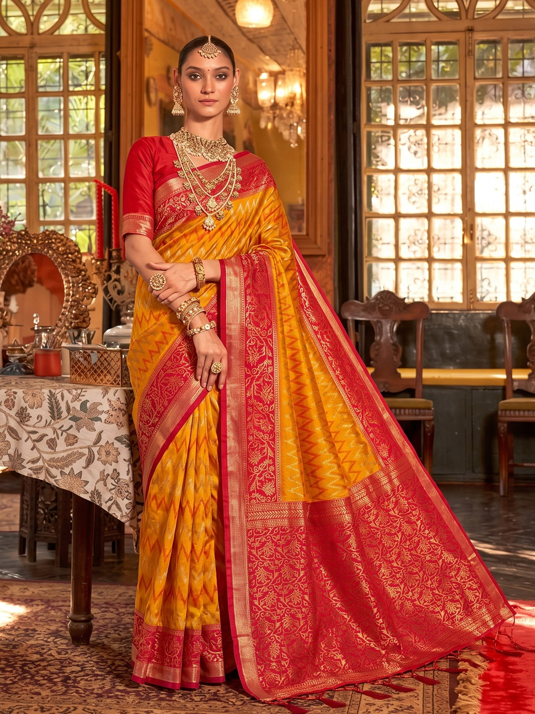Peachmode Mustard & Red Silk Blend Woven Saree - Image 1