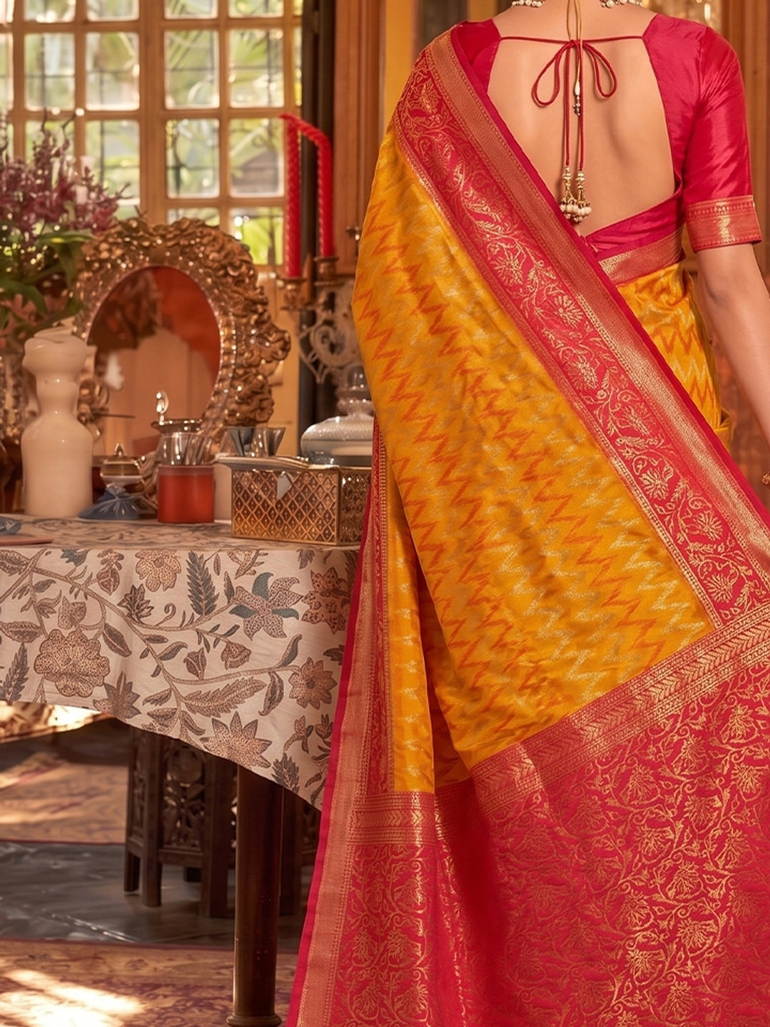 Peachmode Mustard & Red Silk Blend Woven Saree - Image 5