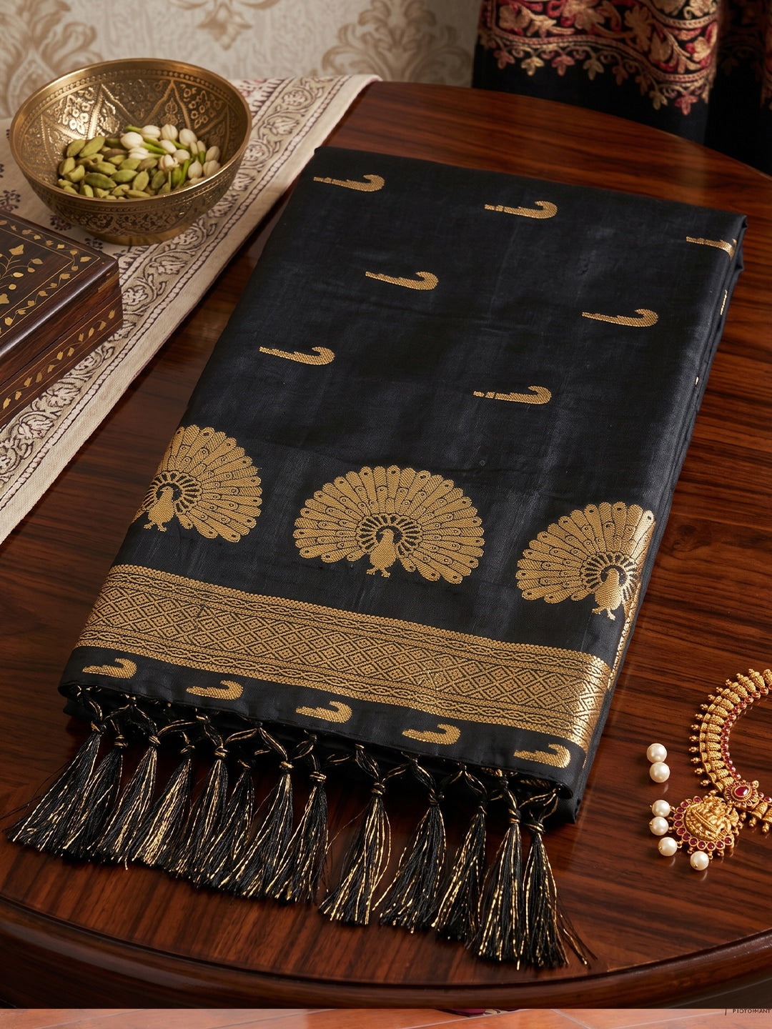 Peachmode Black Soft Silk Woven Saree - Image 4