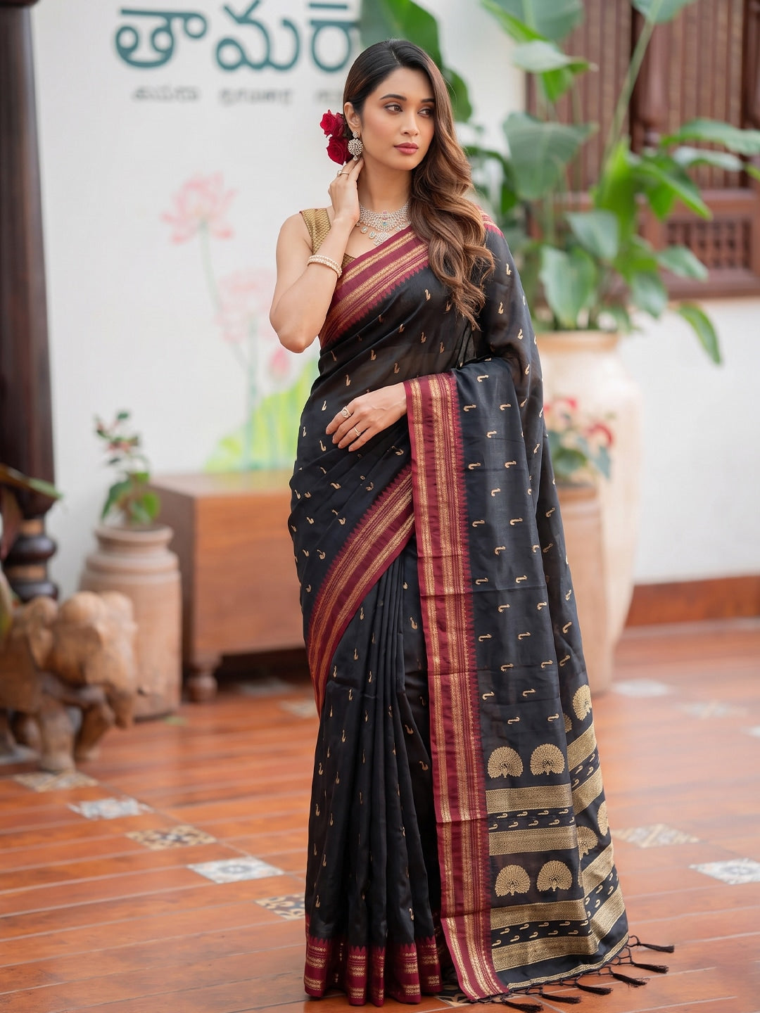Peachmode Black Soft Silk Woven Saree - Image 1