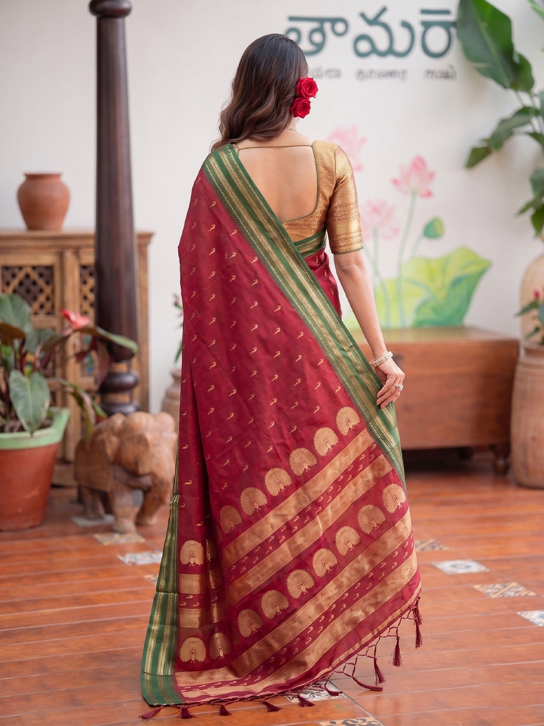 Peachmode Maroon Soft Silk Woven Saree - Image 2