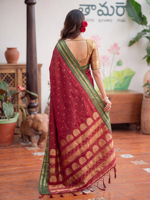 Peachmode Maroon Soft Silk Woven Saree - Image 2