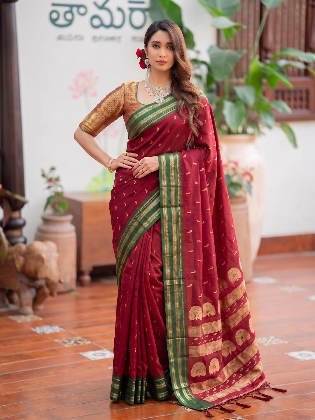 Peachmode Maroon Soft Silk Woven Saree - Image 1