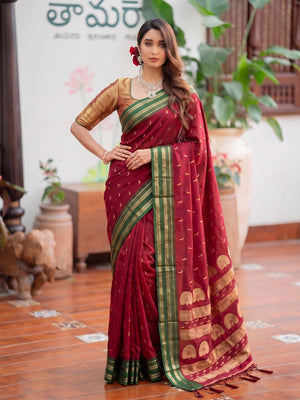 Peachmode Maroon Soft Silk Woven Saree - Image 1