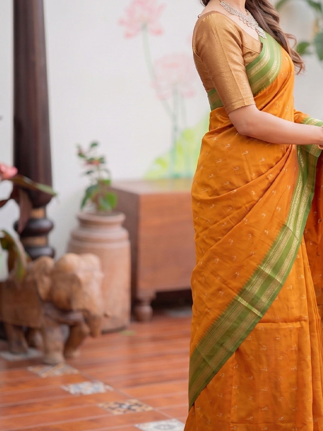 Peachmode Yellow Soft Silk Woven Saree - Image 5