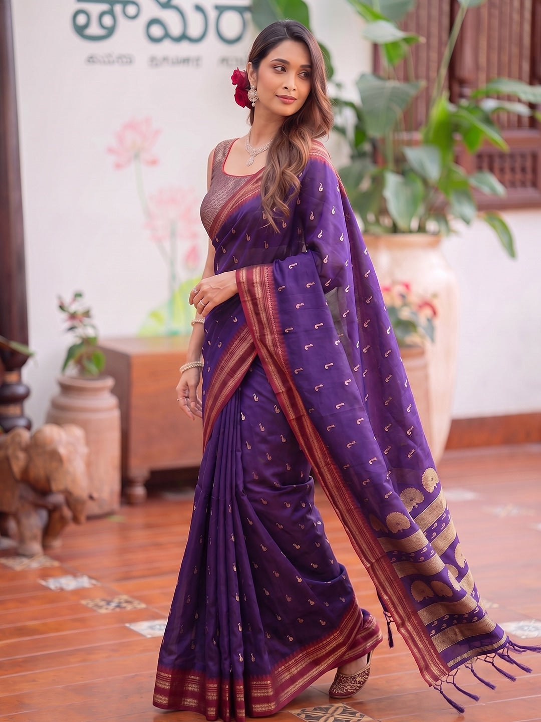 Peachmode Purple Soft Silk Woven Saree - Image 3